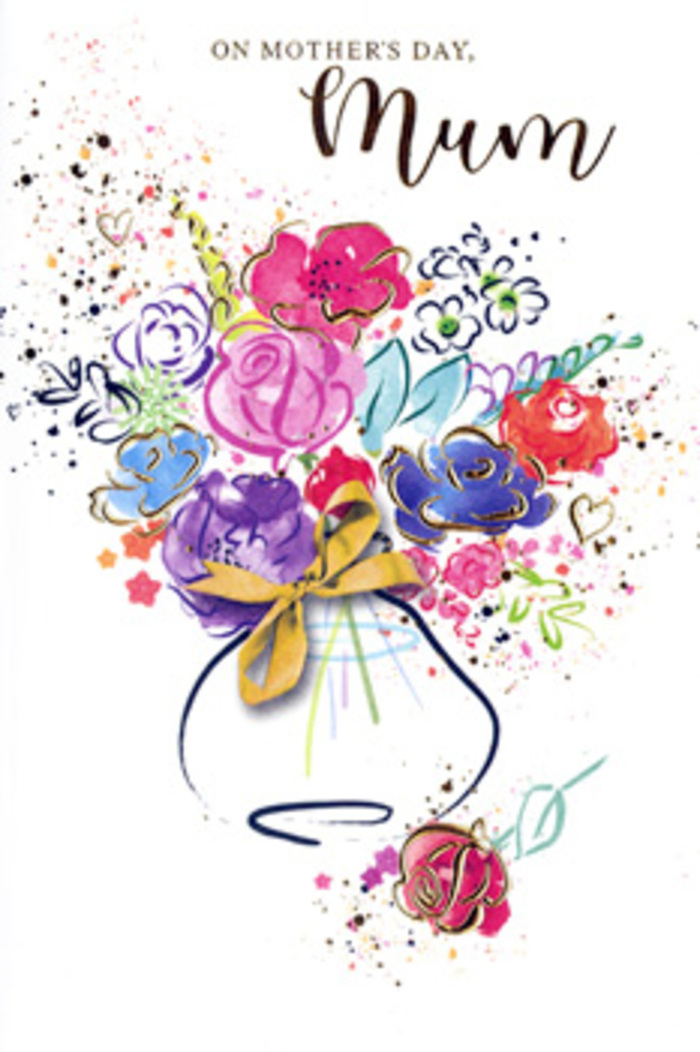 The illustrated Mother's Day card shows an exuberant watercolour bouquet that seems to bloom straight off the page, much like a vibrant display in a Harold Park florist's window. Deep indigo outlines sketch graceful petals and foliage, forming an elegant framework for generous splashes of cerise, fuchsia, and rich berry pink that suggest open roses and mixed seasonal blooms. Between these striking flowers lie softer washes of lavender, light blue, and warm apricot, blending in a way that feels as natural as spring borders along Harold Court Road. Tiny flecks and fine lines of gold shimmer around the petals and along the vase, lending an almost tactile richness, like the crinkle of quality gift wrap or the subtle glint of a decorative ribbon. Around the main arrangement, light-hearted hearts and colourful paint splatters hover at the edges, echoing confetti or scattered petals after a family gathering. The bouquet is gathered into a softly shaped vase, its outline loose and welcoming, and finished with a small golden bow that feels deliberately hand-tied, reminiscent of a bouquet prepared with extra care for delivery to a mum in Harold Park. The white background keeps the composition open and airy, allowing every hue and brushstroke to stand out with clarity. Overall, the image conveys affection, joy, and sincere appreciation-a visual love letter that captures the emotional warmth of Mother's Day morning, when flowers, hugs, and heartfelt thanks fill a Harold Park home.
