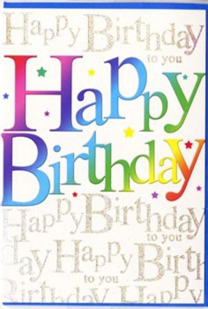 The birthday card in this image radiates festive charm, like stepping into a cheerful Harold Park living room ready for a party. Dominating the front, the phrase Happy Birthday stretches confidently across the card in large, friendly letters, each one drenched in its own vivid shade. The colours flow through a rainbow spectrum-deep crimson softening into magenta, then shifting into cool blues, verdant greens, and finally warm yellows and ambers, echoing the way a skilled florist blends tones in a celebratory arrangement. The print has a smooth, slightly glossy finish that suggests the letters might feel softly raised under your fingertips, encouraging you to trace the joyful message. Behind this main greeting, the entire background is layered with fluid lines of golden script, repeating Happy Birthday to you like a gentle mantra, similar to the hum of conversation you hear around birthday tables in homes off Harold Park's quiet residential streets. The metallic gold ink glimmers when it catches the light, giving a refined twinkle rather than heavy glitter, as if the card itself is lit by a row of tiny candles. Subtle specks of colour and miniature star shapes dot the space around the words, adding the impression of confetti suspended mid-air. The composition feels carefully balanced-bold yet not brash, playful yet still elegant. From a florist's perspective, it's the ideal partner to a bright, mixed birthday bouquet heading out for delivery in Harold Park, a card that transforms a simple message into a full-hearted, visually rich celebration.