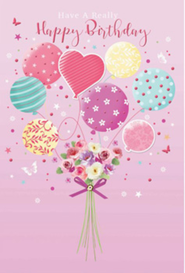 Artistic birthday card illustration showing a whimsical blend of balloons and flowers, evoking the relaxed charm of a Harold Park celebration. Against a backdrop of soft pink, clusters of pastel balloons appear to float upward, gently lifting a dainty bouquet as if the flowers themselves were being carried into the sky. The balloons are painted in shades of pale sunshine yellow, rosy fuchsia, lavender, and sea green, their smooth surfaces softly glowing, much like the light filtering through trees along the paths of Harold Court Woods. Each balloon bears its own pattern, from swirling ribbons that curl like party streamers to tiny polka dots and floral motifs that nod to a well-loved garden. At the base of this floating cluster sits a hand-tied bouquet, composed of petite roses and small daisy-like blooms shaded delicately from cream to blush rose, as though brushed by gentle morning light. Their imagined scent is understated yet sweet, reminiscent of passing scented borders in nearby residential gardens. A tidy violet bow gathers the stems and adds a graceful finishing touch. Scattered around the balloons and flowers are miniature butterflies and fine star shapes, giving the sense of a moment suspended in time-like a birthday wish just made. The entire design feels thoughtful and expertly composed, suggesting the eye of a skilled florist used to creating joyful arrangements for families in Harold Park. It speaks of quiet jubilation and the feeling of being cherished on your birthday, translated into colour, line, and the soft suggestion of fragrance.