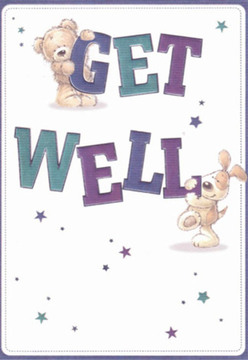 A gentle scene unfolds on this get well card, much like the quiet lanes winding through Harold Park itself, inviting an immediate sense of peace. At its centre, a cuddly teddy bear stretches over the bold, playful letters of 'GET,' while a spirited puppy leans affectionately below, nose pressed against the solid lettering of 'WELL.' Their kind faces beam with encouragement, embodying the unwavering support that neighbours offer each other in Harold Park. The card's crisp white backdrop heightens the sense of freshness and clarity-traits often sought after in both floristry and recovery. Stars in varying hues of blue and purple are scattered throughout, reminiscent of hopeful wishes sent beneath a serene, starlit Harold Park sky. The text's purples and teals add vibrant contrast, catching the eye as expertly as a pop of colour among garden greens. As a local florist, every brushstroke here reminds me of the careful arrangement of petals and foliage-each detail thoughtfully designed to uplift and inspire. The entire composition radiates the nurturing spirit of Flower Delivery Harold Park, ready to convey well wishes and spark joy with a deeply personal touch, just as a fresh bouquet would when delivered to a doorstep along Gubbins Lane.