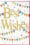 Seen through a florist's eye, this congratulations card is like a festive bunting display strung across a bright Harold Park sky. The phrase Best Wishes sits proudly at the centre, written in broad, elegant gold script that appears to shimmer softly, as though dusted with fine glitter or finished in metallic foil. Against the pristine white background, the golden letters stand out with a confidence that feels celebratory yet still gentle, much like a heartfelt hug after sharing good news. Above and below, strings of bunting stretch in relaxed curves, echoing the look of decorations hung for a garden party off Harold Court Road. Each tiny triangular pennant is individually coloured and patterned-deep blues, scarlets, grassy greens, golden yellows, and rosy pinks, some with jaunty stripes, others with polka dots or mosaic-style prints. Together, they create a rainbow of tiny flags that guide your attention back towards the central message. All around the script and bunting, small stars and dot-like confetti shapes are scattered in gold, teal, coral, and other coordinating shades. They give the card a lively, almost sparkling atmosphere, suggesting confetti mid-flight or distant fireworks on a clear evening. Despite the abundance of cheerful detail, the generous white space keeps the overall look uncluttered and refined. The mood is upbeat, optimistic, and inclusive, suitable for many occasions-congratulating someone on a promotion in Harold Park, celebrating a new home, marking exam success, or simply sending supportive wishes for a new chapter. This is the sort of card a caring local florist might slip beside a bouquet, allowing the gleam of the gold script and the bright bunting to echo the joy of the flowers themselves.