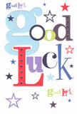 A bold, cheerful good luck card is laid flat against a neutral background, its crisp white surface acting like a clean page ready for a new chapter in Harold Park. The words Good Luck are scattered in large, playful letters across the centre, each character rendered in a different colour and font that feels almost hand-picked by a thoughtful designer. A soft, oversized pastel-blue g and d curl gently into view, balanced by punchy reds, mossy greens, deep violets, and inky blacks that add contrast and structure. Around the lettering, a constellation of tiny stars dances in every direction, some solid and confident in navy, indigo, and forest green, others fading delicately in lilac, sky-blue, and nearly translucent pastel shades. They drift like sparks across the white background, suggesting wishes being whispered into the night sky above Pages Lane or a quiet garden in Harold Park. The card stock looks smooth and firm, the kind that feels satisfyingly weighty between finger and thumb, with the printed ink lying cleanly on the surface. Although you can't see any envelope, the design gives the sense of something ready to be pressed into a friend's palm before an exam, a driving test, or their first day at a new job. The overall mood is upbeat and generous, like a familiar voice cheering, You've got this, while stars and colours tumble around the words in a warm, encouraging burst of optimism.