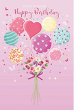 Whimsical birthday card artwork featuring a floating bouquet of pastel balloons and fresh flowers, illustrated with the warmth of a Harold Park celebration. The composition begins with a gentle pink background, against which a cluster of balloons rises, as if caught in a soft breeze drifting over the local green spaces. Each balloon has a unique charm: some are circled with candy-coloured stripes, others are scattered with playful polka dots, and a central heart-shaped balloon radiates affection in tender rose and lilac tones. Hints of teal, lemon yellow, and sea green bring balance to the palette, giving the whole bouquet of balloons a light, airy feeling. From their base springs a compact floral arrangement of roses and anemone-like blossoms, their petals rendered in creamy ivory, blush pink, and dusky mauve. The flowers appear full and feathery, layered with care so that you can almost sense their gentle, powdery fragrance-like stepping into a cosy Harold Park home just as a birthday bouquet is delivered. A violet satin bow secures the stems, catching the light with a subtle sheen that echoes the gloss of the balloons above. Tiny stars and butterflies scatter across the design, adding an almost fairy-tale sparkle, as though birthday magic were drifting through the air. The overall mood is sweet, festive, and quietly sophisticated, reflecting how a well-chosen arrangement can turn a simple greeting into an unforgettable moment for someone celebrating in Harold Park.